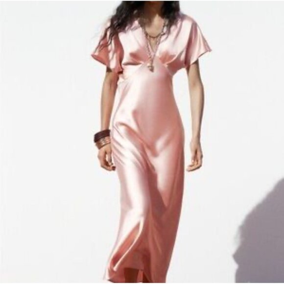 Zara Womens Bloggers Favorite Elegant Satin Dress Pink Size Medium - Picture 1 of 12